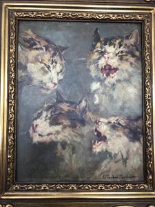 Rare cat portrait oil on canvas 