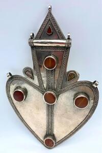 Antique Turkmen silver carnelian stone Asyk pendant 27 cm 