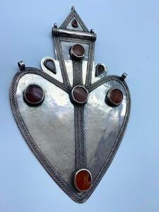 Antique Turkmen silver carnelian stone Asyk pendant 27 cm 