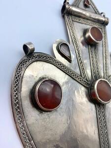 Antique Turkmen silver carnelian stone Asyk pendant 27 cm 