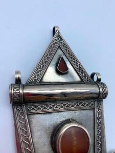 Antique Turkmen silver carnelian stone Asyk pendant 27 cm 