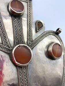 Antique Turkmen silver carnelian stone Asyk pendant 27 cm 