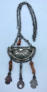 Antique Berber silver ear amulet and chain 