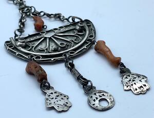 Antique Berber silver ear amulet and chain 