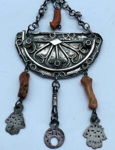 Antique Berber silver ear amulet and chain 