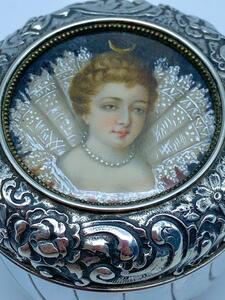 Antique English silver lidded gilded box with miniature painting on top