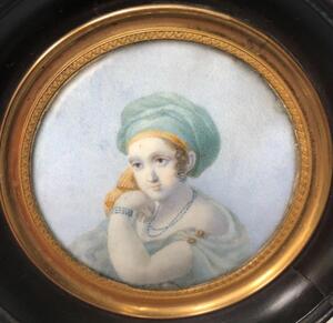 Antique early XIX century miniature portrait painting orientalist lady