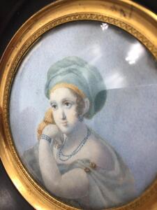 Antique early XIX century miniature portrait painting orientalist lady