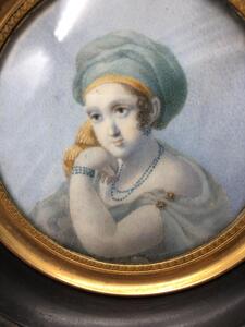 Antique early XIX century miniature portrait painting orientalist lady