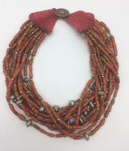 Antique Nagaland coral glass tube bead necklace 