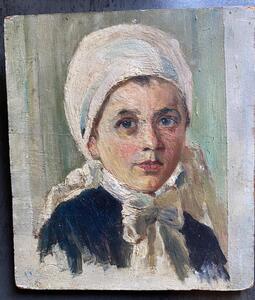 XIX century oil painting portrait of a Breton girl 