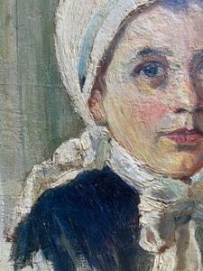 XIX century oil painting portrait of a Breton girl 