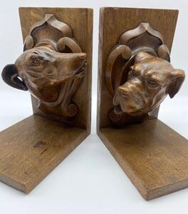 Antique oak carved dog heads book ends