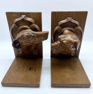 Antique oak carved dog heads book ends