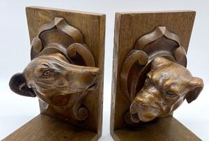 Antique oak carved dog heads book ends