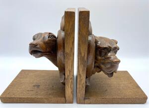 Antique oak carved dog heads book ends