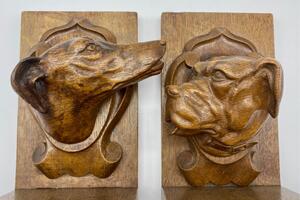 Antique oak carved dog heads book ends