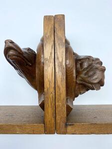 Antique oak carved dog heads book ends