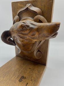 Antique oak carved dog heads book ends