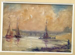 Armand Jamar 1920’s mixed technique painting of boats at dusk 