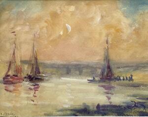 Armand Jamar 1920’s mixed technique painting of boats at dusk 