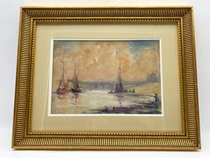 Armand Jamar 1920’s mixed technique painting of boats at dusk 