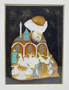 Ottoman gold leaf painting of Rumi with dancing Dervish 