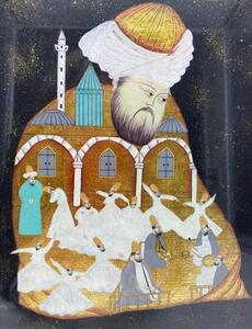 Ottoman gold leaf painting of Rumi with dancing Dervish 