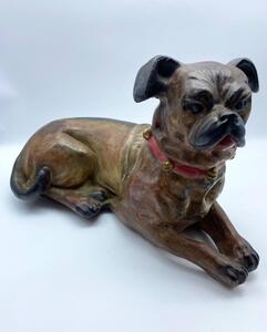 Antique terracotta polychrome lying pug dog statue 