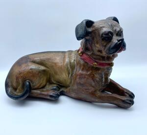 Antique terracotta polychrome lying pug dog statue 