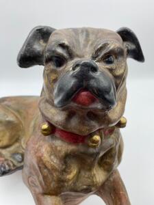 Antique terracotta polychrome lying pug dog statue 