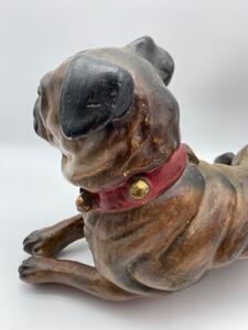 Antique terracotta polychrome lying pug dog statue 