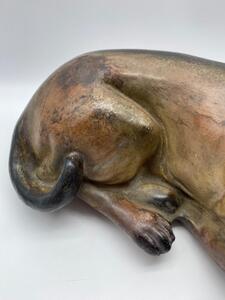 Antique terracotta polychrome lying pug dog statue 