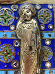 Limoges style Haute Epoque Ojer enameled crucifixion plaque