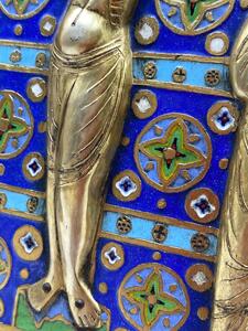 Limoges style Haute Epoque Ojer enameled crucifixion plaque