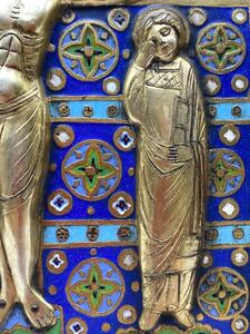 Limoges style Haute Epoque Ojer enameled crucifixion plaque