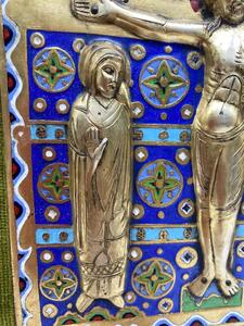 Limoges style Haute Epoque Ojer enameled crucifixion plaque