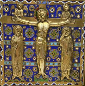 Limoges style Haute Epoque Ojer enameled crucifixion plaque