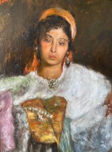 Antique Orientalist portrait oil painting of a young Berber woman 