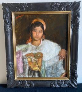 Antique Orientalist portrait oil painting of a young Berber woman 