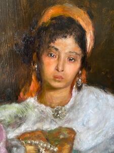 Antique Orientalist portrait oil painting of a young Berber woman 