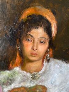 Antique Orientalist portrait oil painting of a young Berber woman 