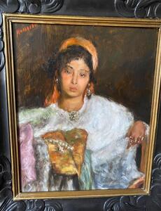 Antique Orientalist portrait oil painting of a young Berber woman 