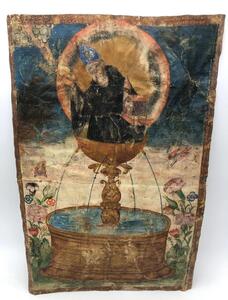 Rare painting on vellum of a saint at a fountain 