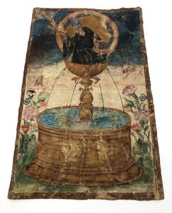 Rare painting on vellum of a saint at a fountain 