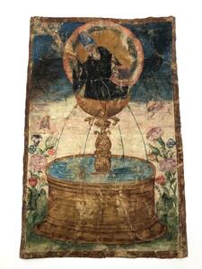 Rare painting on vellum of a saint at a fountain 