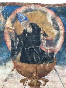 Rare painting on vellum of a saint at a fountain 