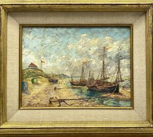 Oil painting depicting a Belgian coastal scene with boats 