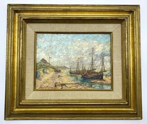 Oil painting depicting a Belgian coastal scene with boats 