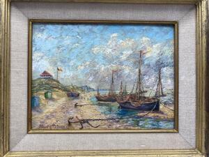 Oil painting depicting a Belgian coastal scene with boats 